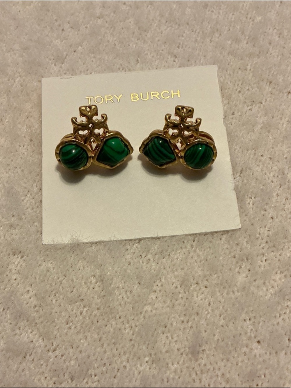 Tory Burch Gold and Green Logo Stone Stud Earrings
